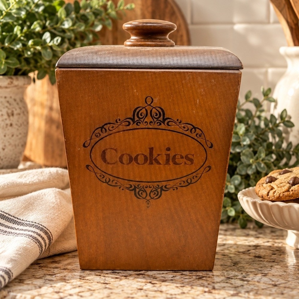 Vintage Wooden Cookie Jar Square Lidded Canister Box Etched Scroll Crest Decor